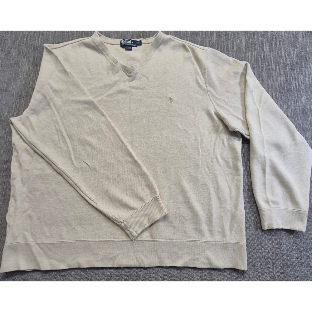 Polo Ralph Lauren men's cream V-neck ribbed sweatshirt XXL Embroidered Pony Logo